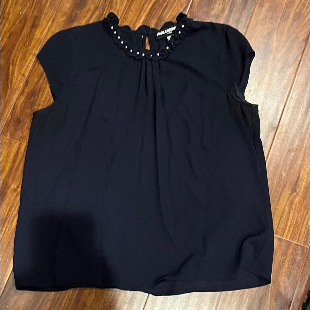 Karl Lagerfeld Navy Blue Blouse with Pearl Accents